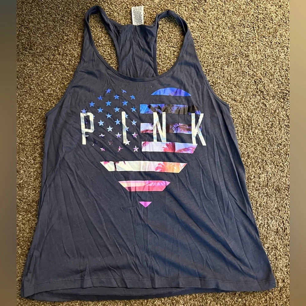PINK American Flag Palm Tree Tank Top - Picture 1 of 2